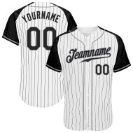 Maillot de baseball noir-gris, manches authentiques personnalisées, rayures fines, raglan, blanc