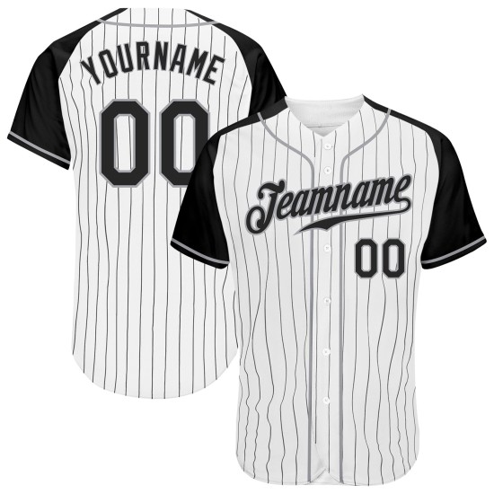 Maillot de baseball noir-gris, manches authentiques personnalisées, rayures fines, raglan, blanc Maillot de baseball noir-gris, manches authentiques personnalisées, rayures fines, raglan, blanc