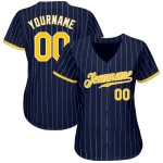 Maillot de baseball personnalisé blanc à rayures bleu marine, or et blanc Maillot de baseball personnalisé blanc à rayures bleu marine, or et blanc