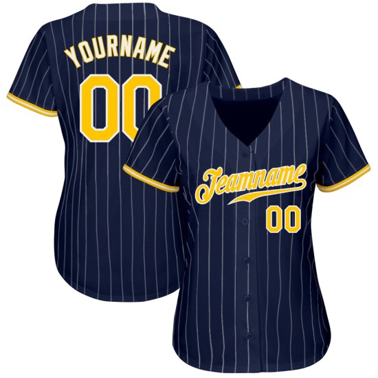 Maillot de baseball personnalisé blanc à rayures bleu marine, or et blanc Maillot de baseball personnalisé blanc à rayures bleu marine, or et blanc