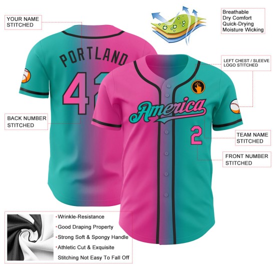 Maillot de baseball dégradé Aqua Fashion personnalisé rose-noir authentique Maillot de baseball dégradé Aqua Fashion personnalisé rose-noir authentique