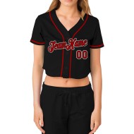 Maillot de baseball court noir rouge-blanc personnalisé col en V pour femme Maillot de baseball court noir rouge-blanc personnalisé col en V pour femme